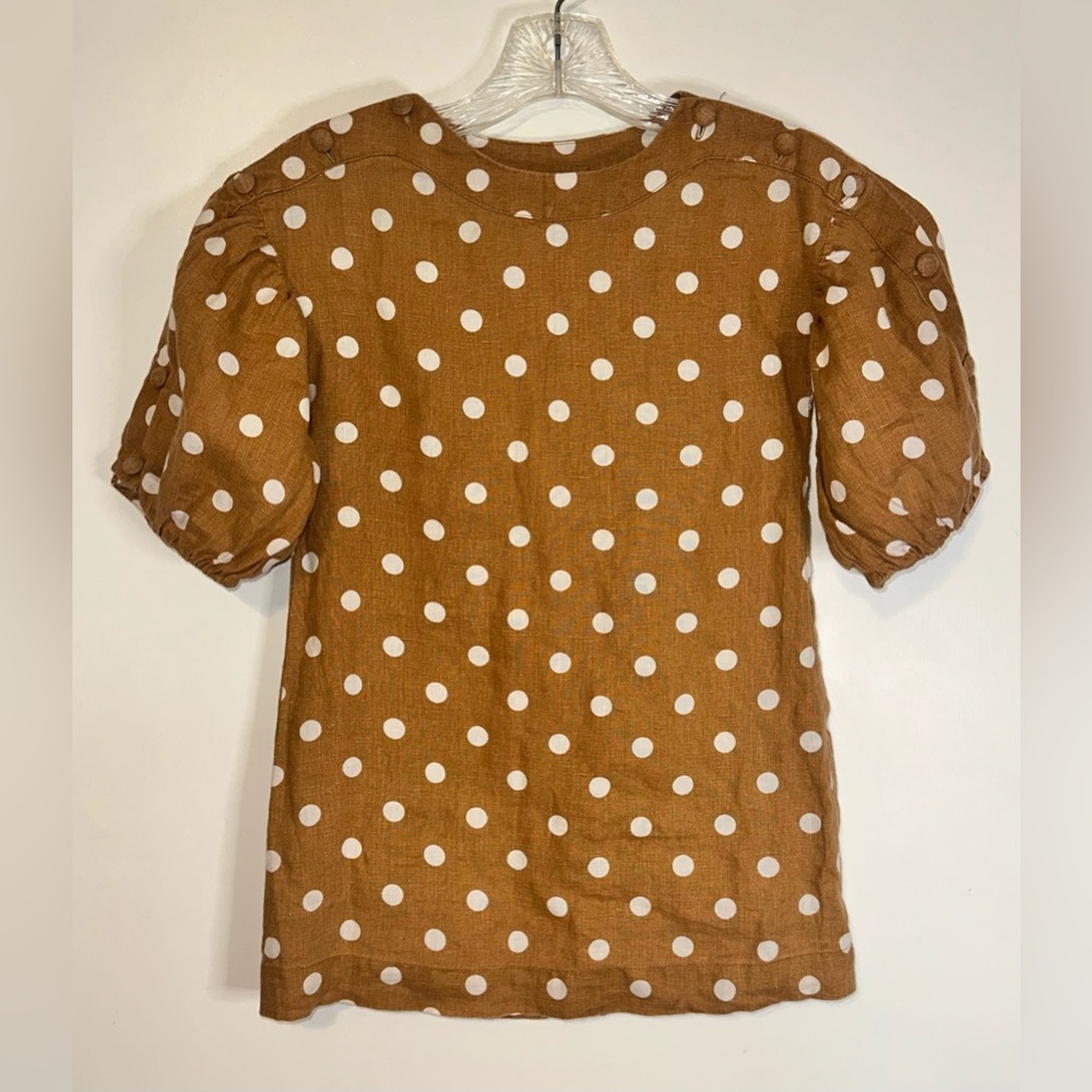 Zara Girls Linen Dot Tunic Size 7 122CM Brown White Lightweight Button Up‎ Arms